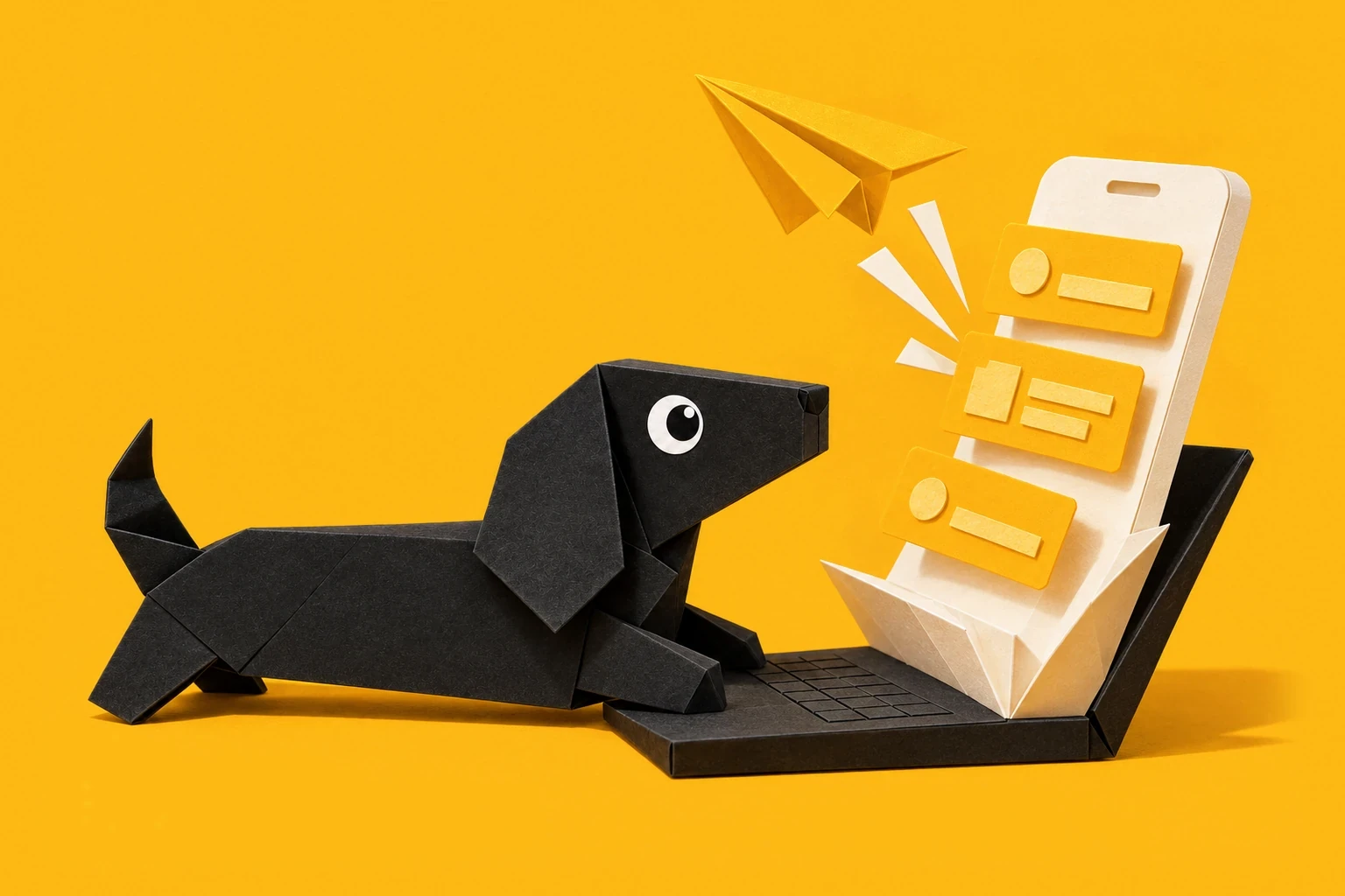 Foldo, a paper-folded dachshund, typing on a paper laptop while a little app pops up out of the screen