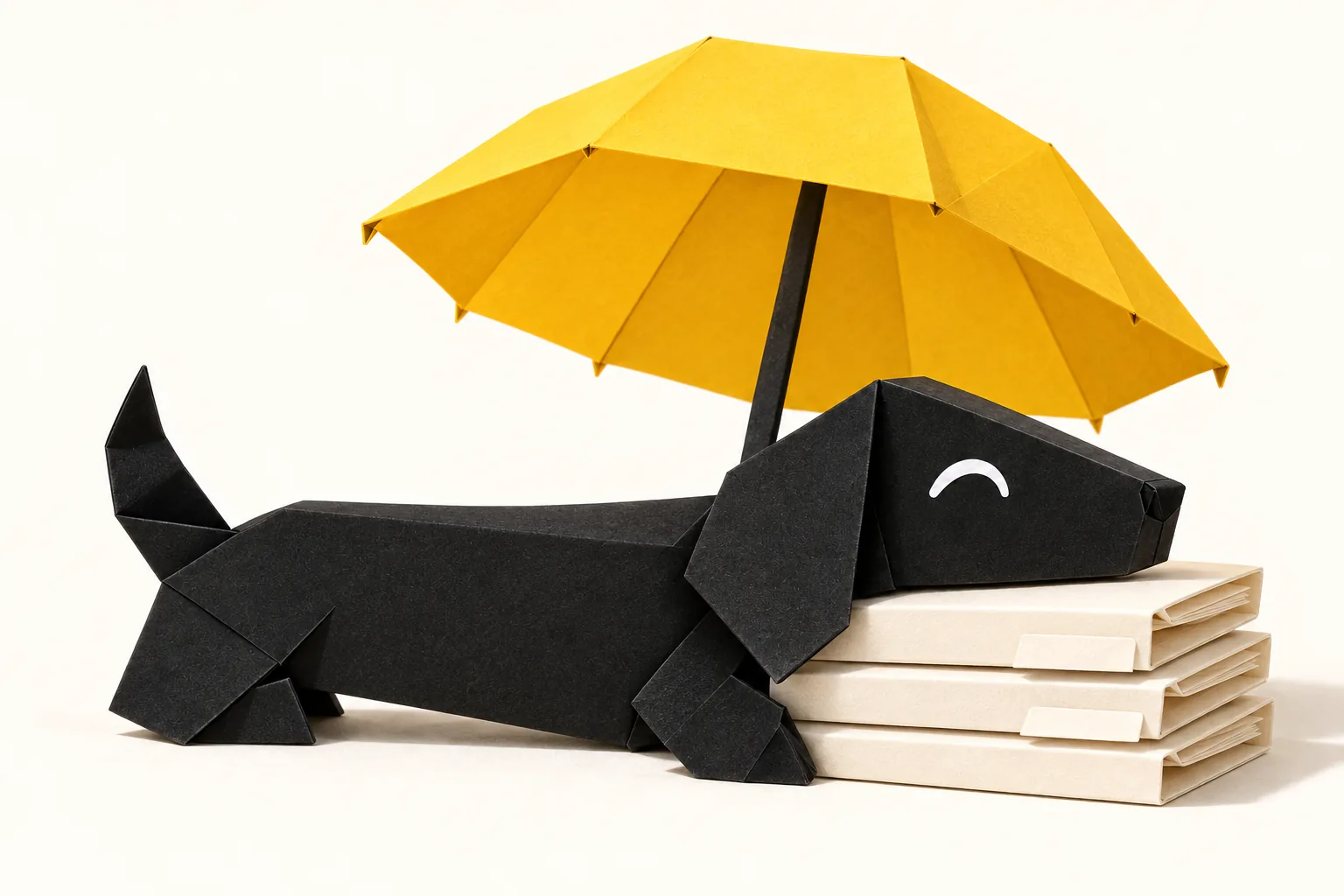 Foldo the paper dachshund resting on a stack of folders under a yellow paper umbrella