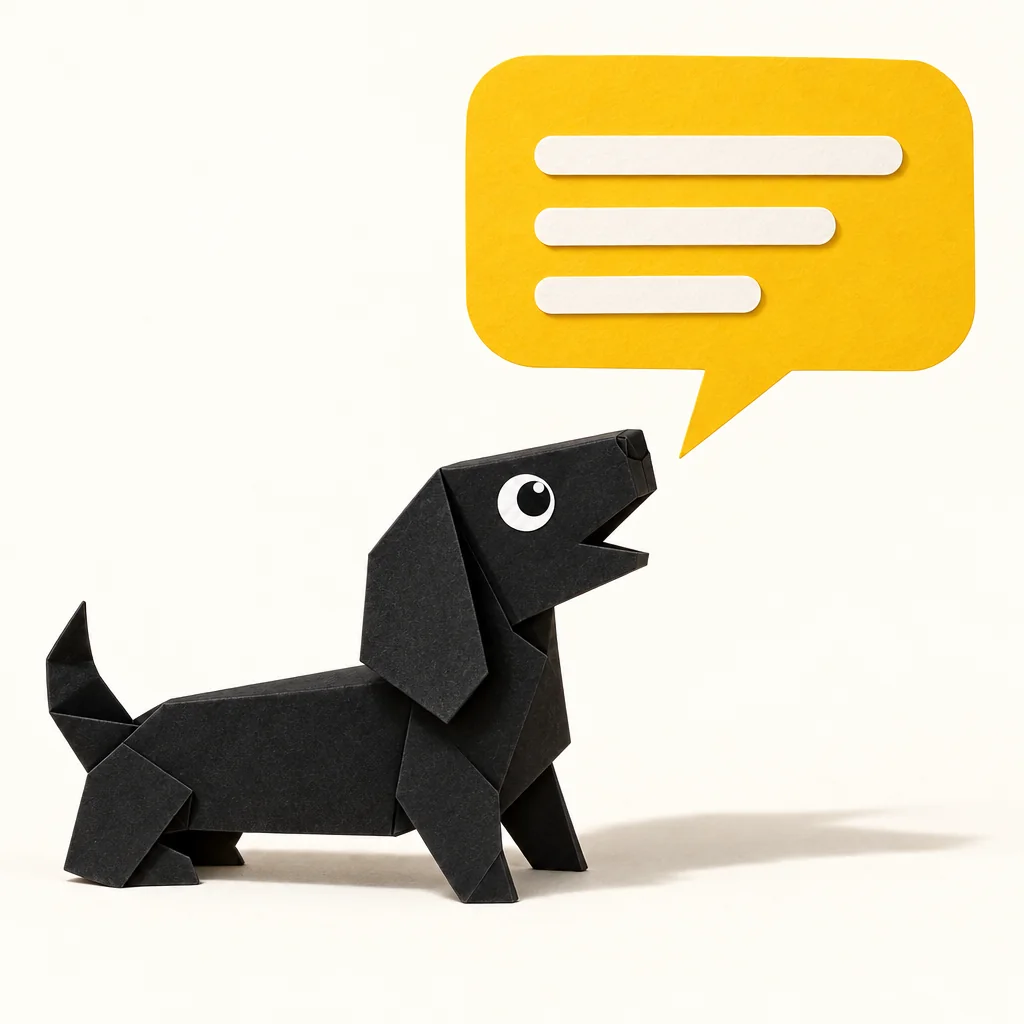 Foldo barking an idea into a big paper speech bubble