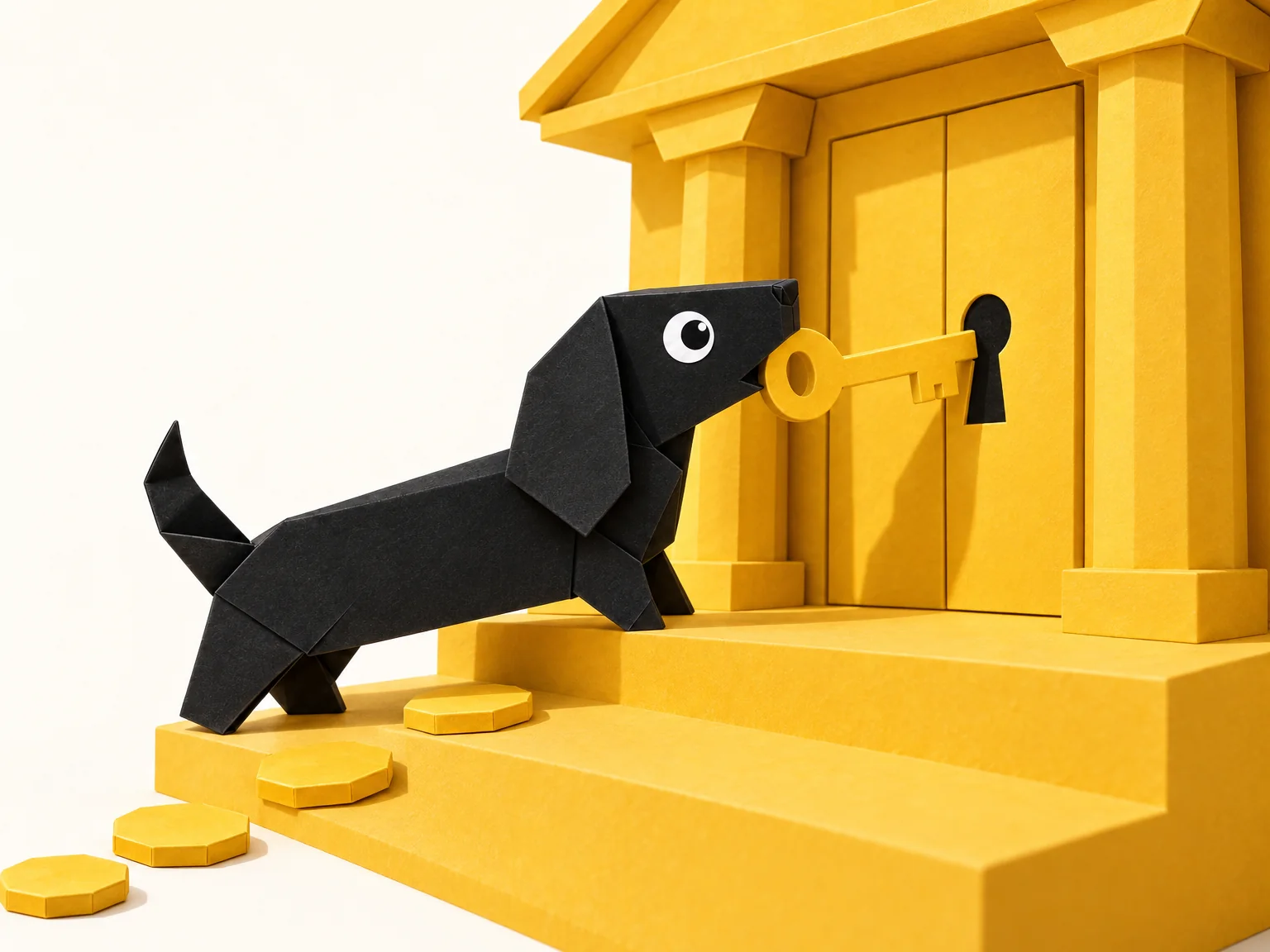 Foldo turning a big paper key in the door of a little bank
